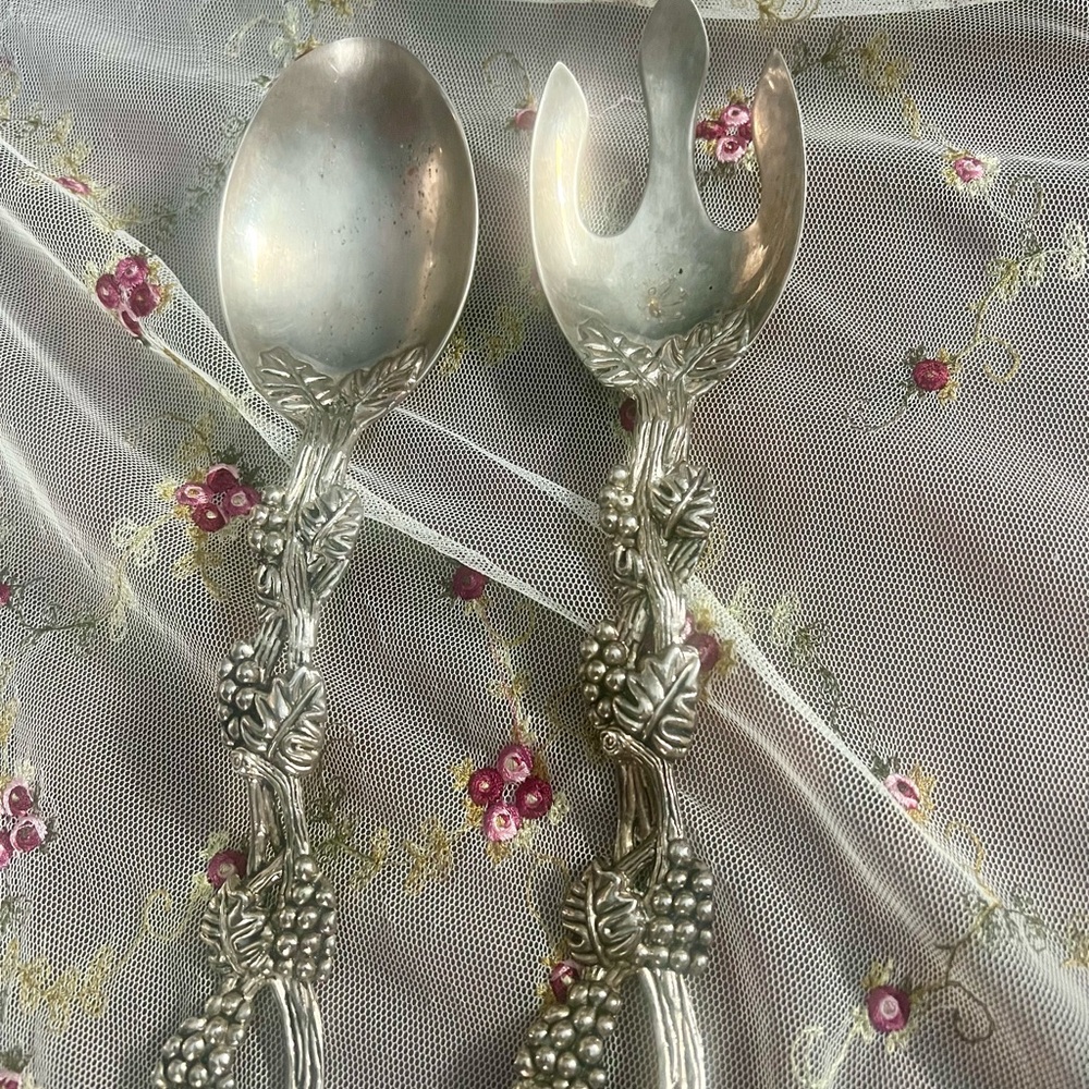 Vintage Grape Vine Silver Serving Spoon & Fork Set